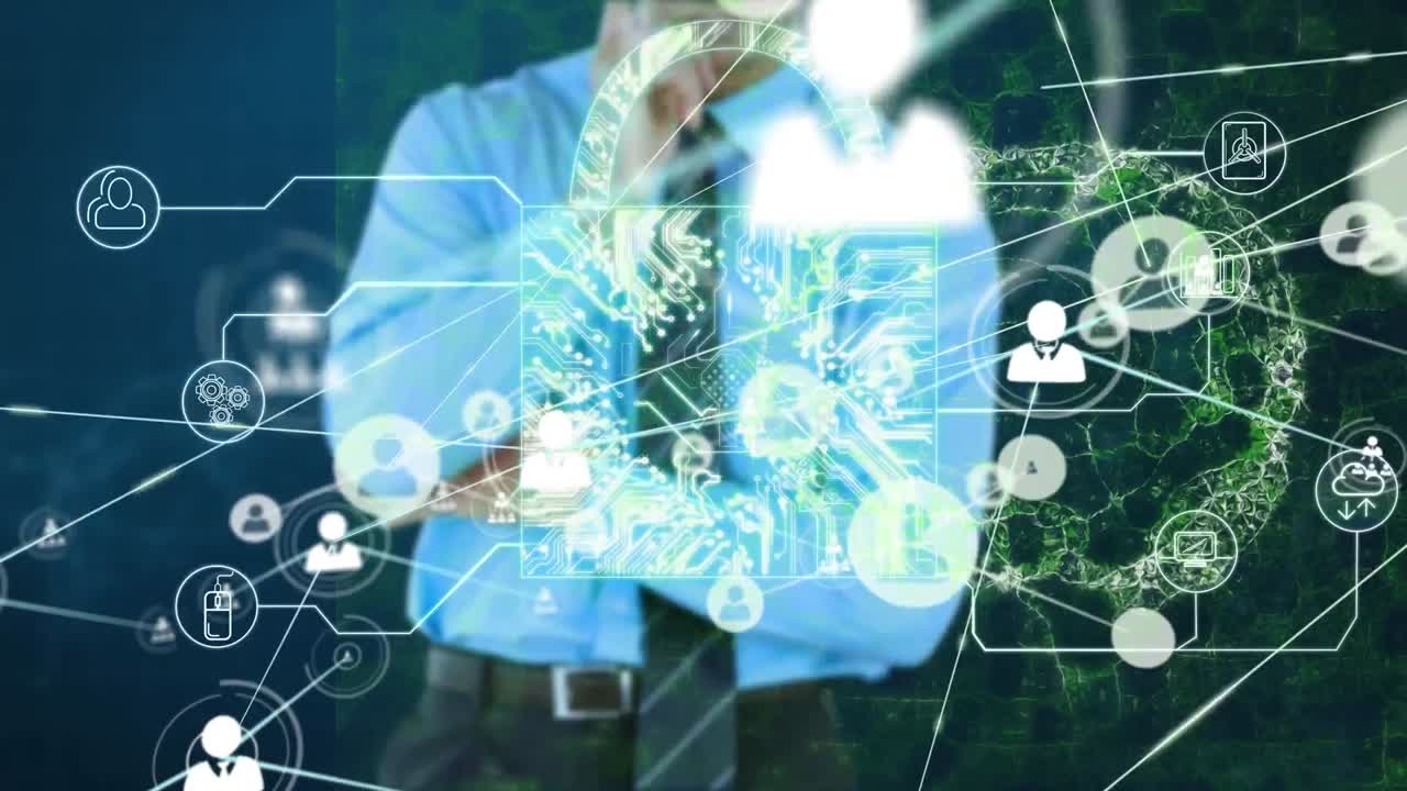 animación de procesamiento de datos y cerrojo sobre empresario caucásico