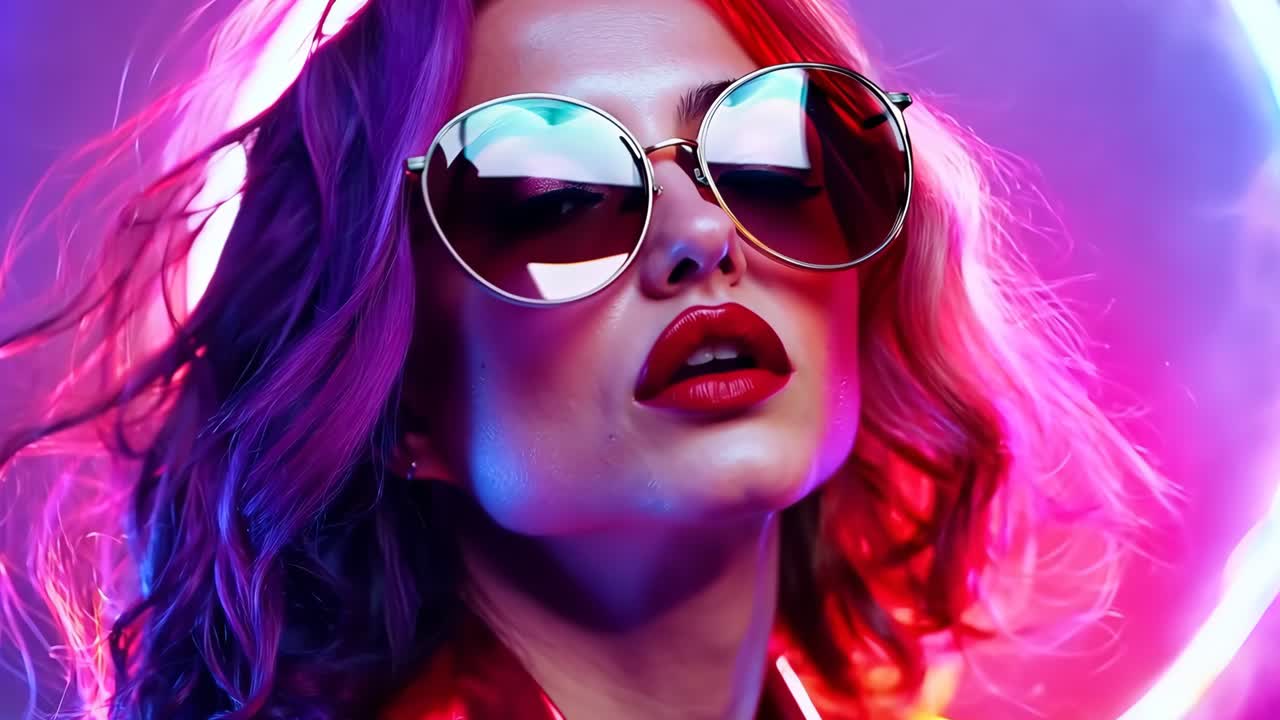 una mujer con cabello rosa con una chaqueta roja y gafas de sol