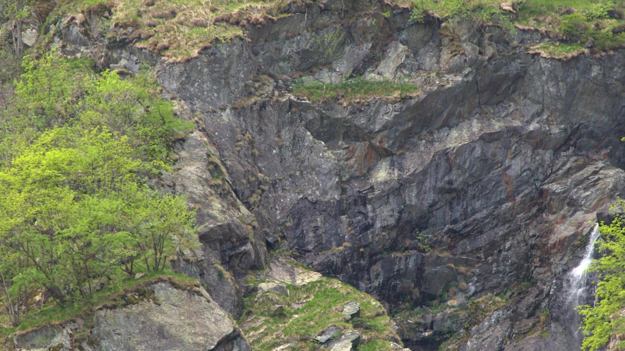 Piccola cascata che scende da una scogliera rocciosa di montagna