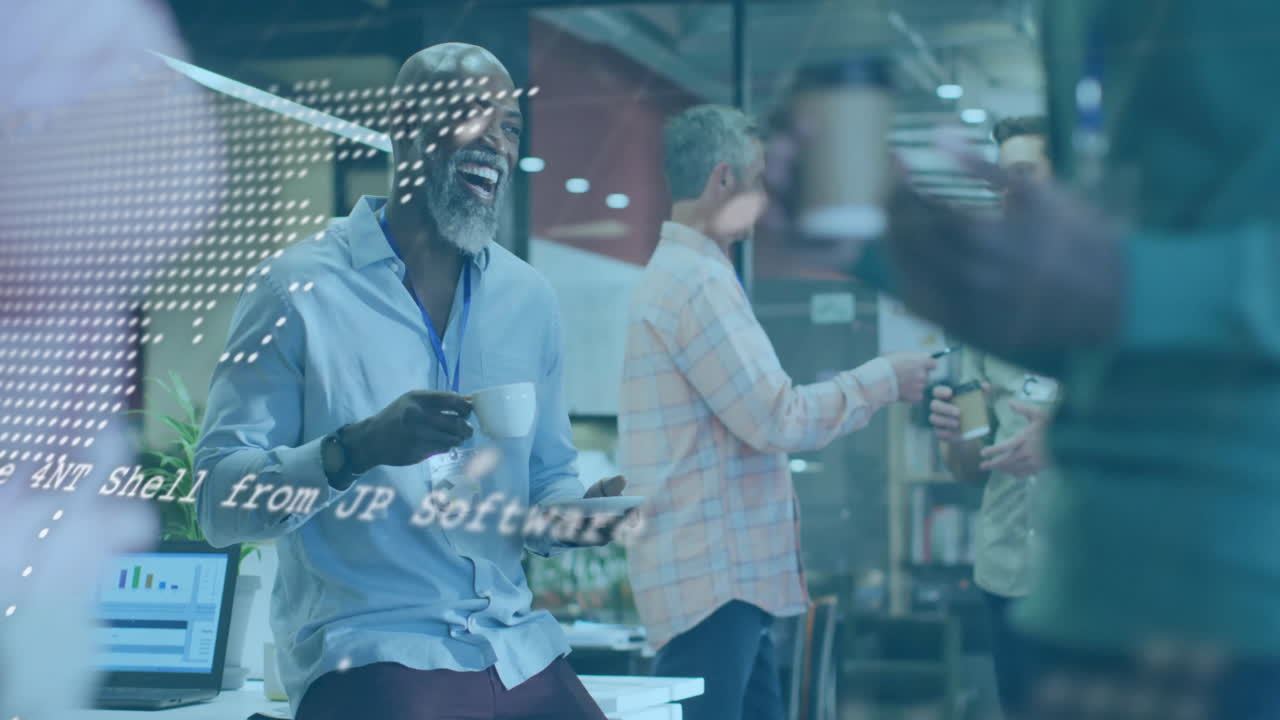 Animation of financial data processing over diverse colleagues discussing work in office