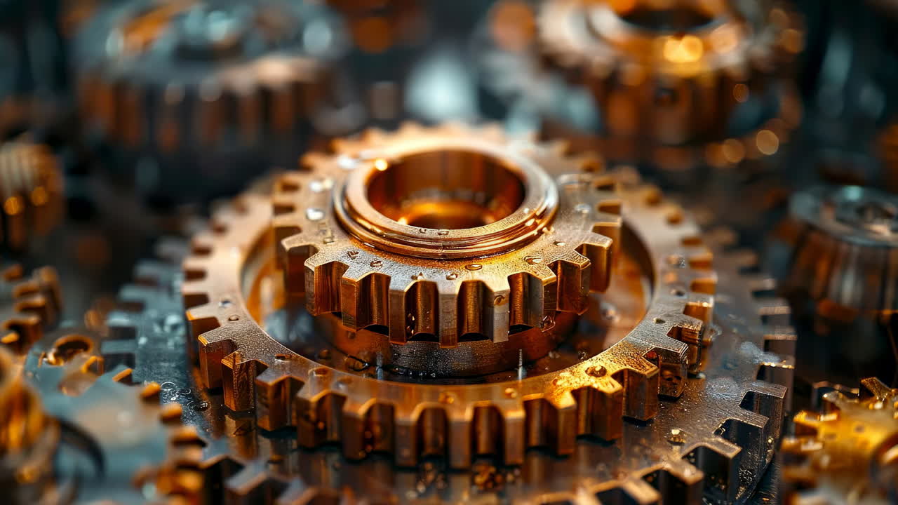 Metal art gear design. Golden gears' intricate arrangement showcases craftsmanship and detailed design in a mechanical setting