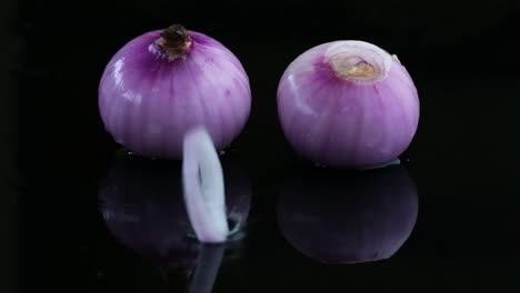 cinematic footage of an onion slice being tossed on onion sitting on a reflective surface in slow motion played in reverse, slomo