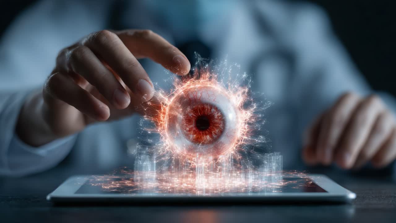 A medical professional interacts with a holographic eye projection on a tablet, showcasing advanced technology in vision science and healthcare innovation
