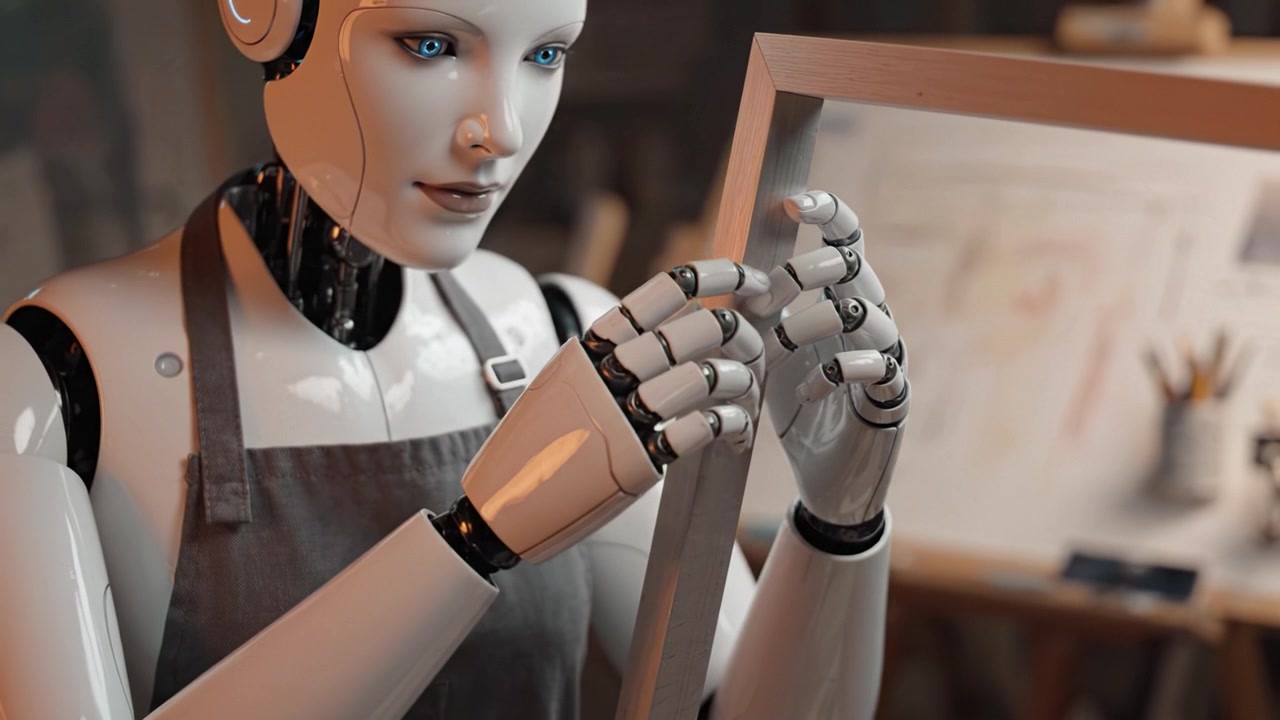 En hyperrealistisk robot justerer forsigtigt en træramme, mens den er engageret i kunstnerisk skabelse i et moderne studiemiljø.