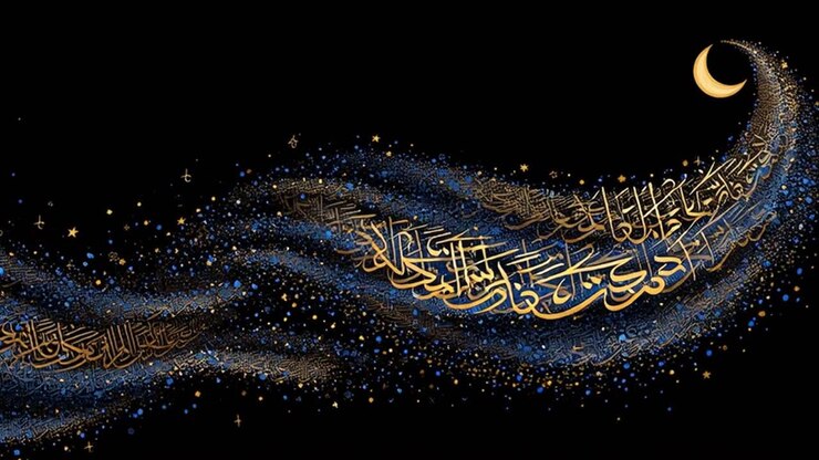 Calligrafia araba animata con particelle scintillanti e luna crescente