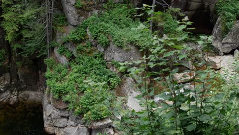 A-covered-bridge-sits-atop-a-rocky-gorge-with-calm-water-beneath-as-the-camera-pans