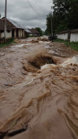 muddy floodwaters rushing through a village street
