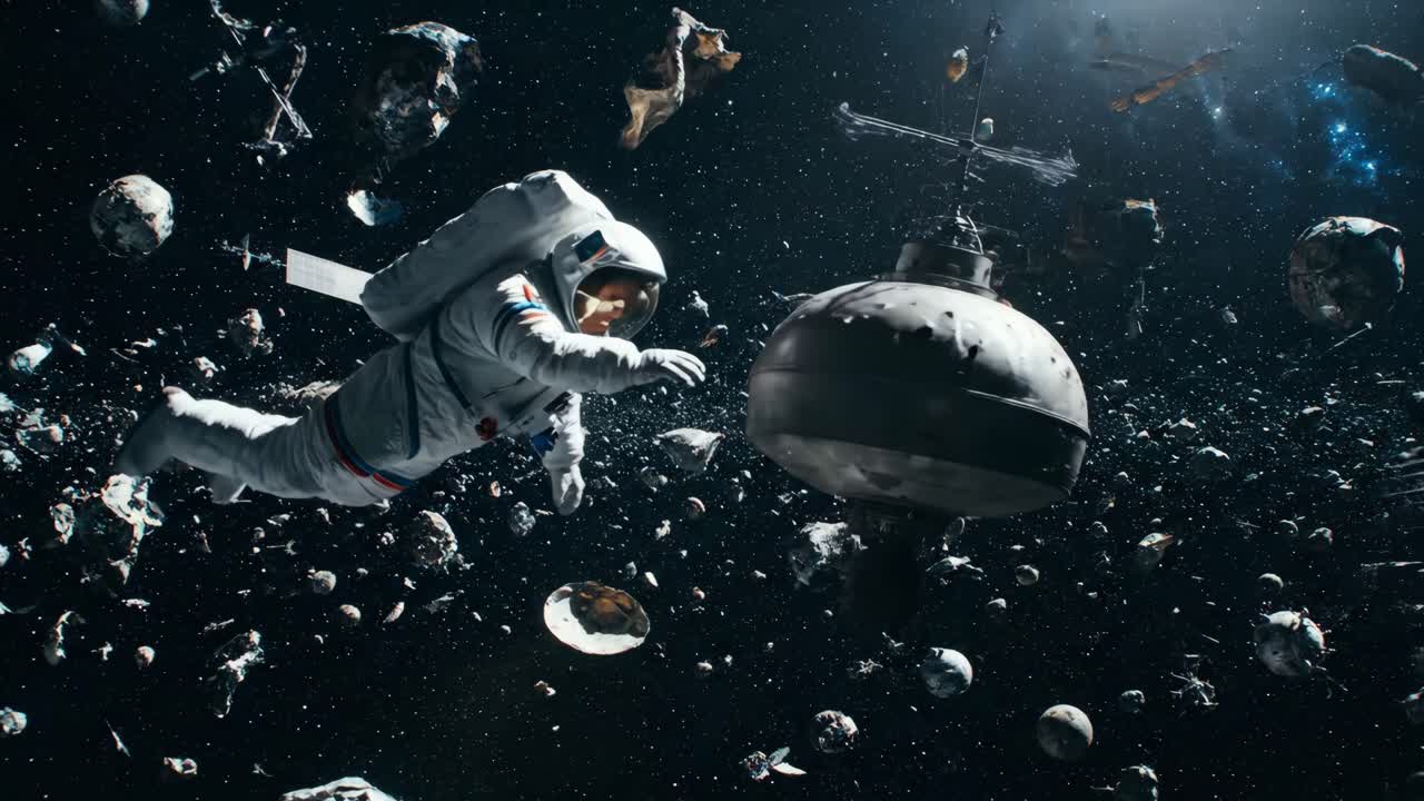 Astronaut in Space Surrounded by Debris