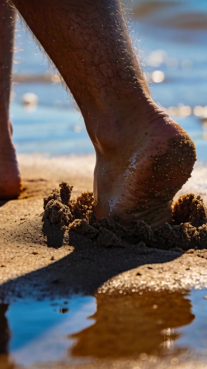 Video verticale: Spostamento del peso, piede nudo che preme le dita nella sabbia bagnata sulla battigia, percependo l'acqua.