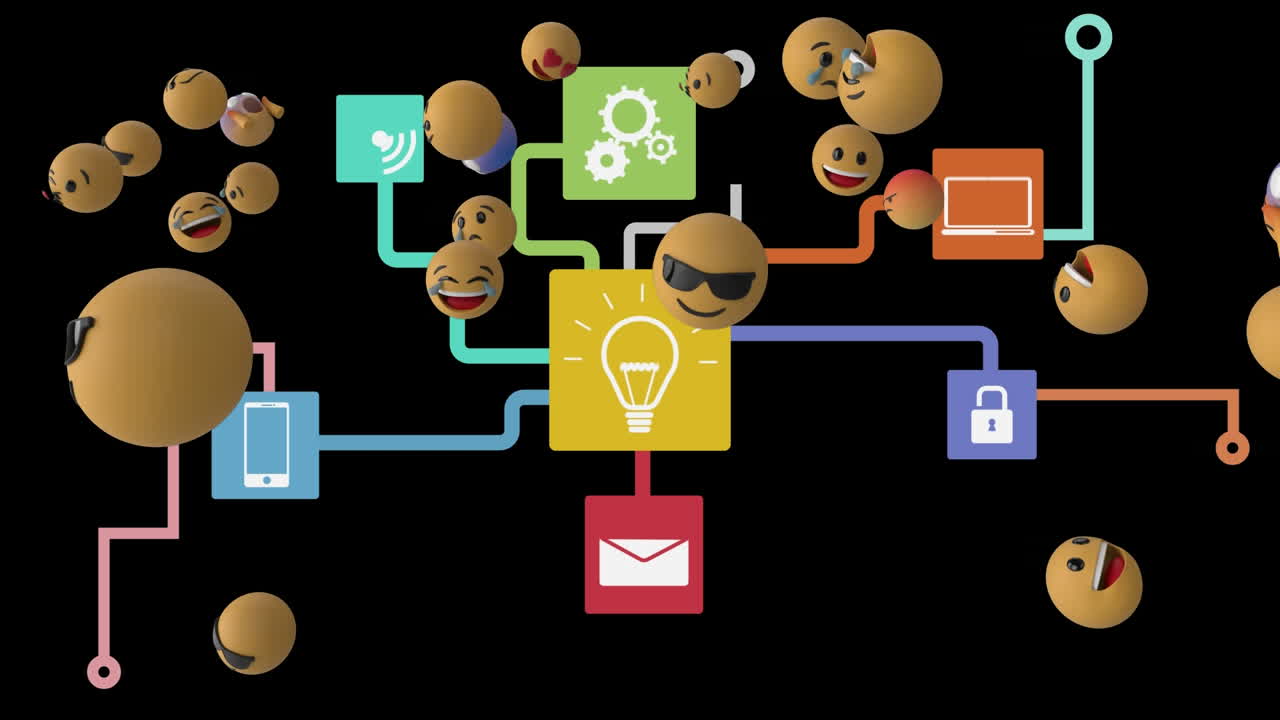Web of connections icons against Face emojis moving