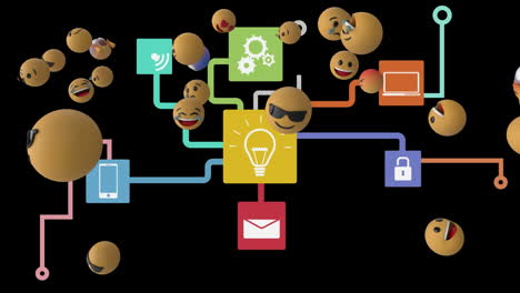 web of connections icons against face emojis moving