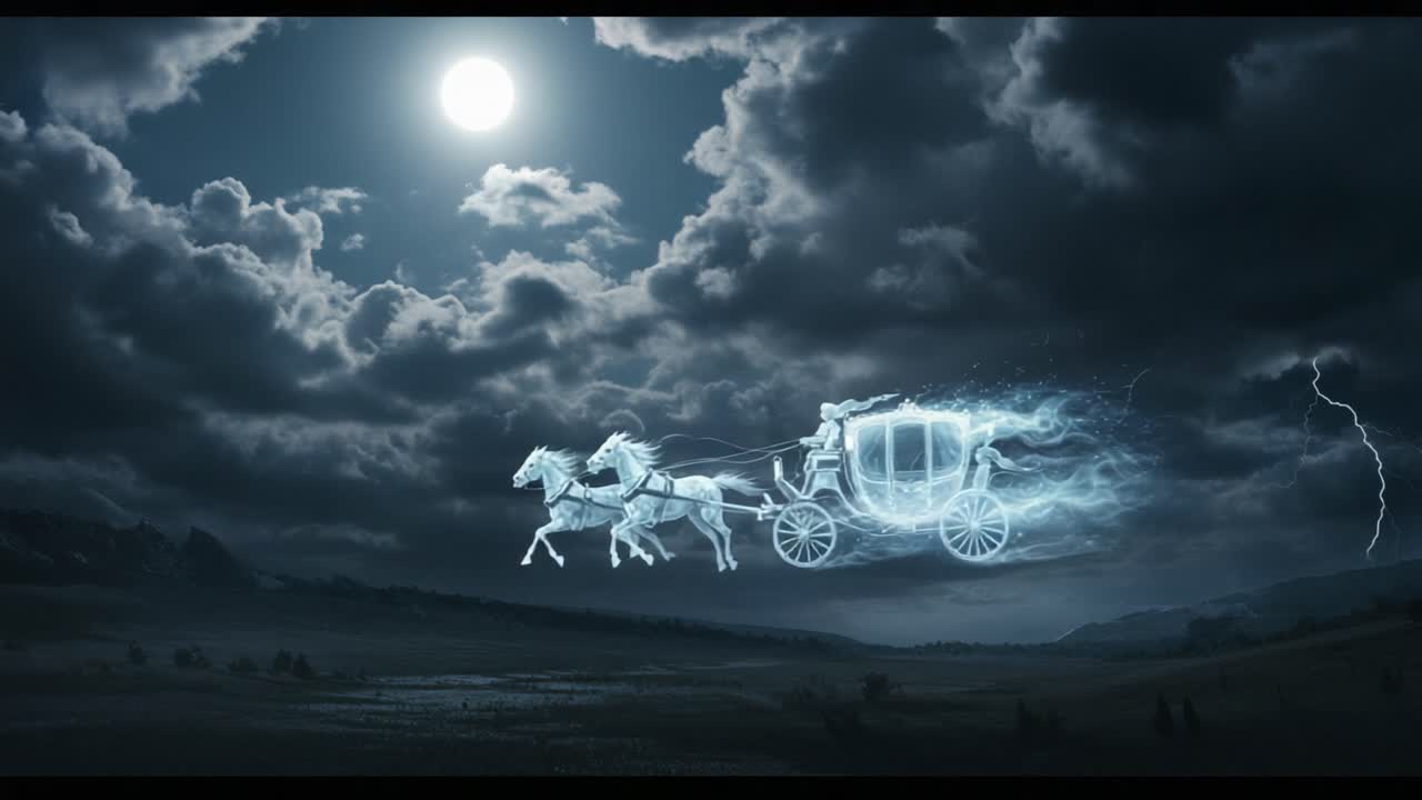 A Mysterious Ethereal Carriage Pulled by Ghostly Horses Rides Through a Stormy Night Under a Full Moon, Radiating an Enigmatic Glow Amidst Electric Skies