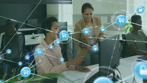 animación de la red de conexiones con iconos sobre diversas personas de negocios en la oficina