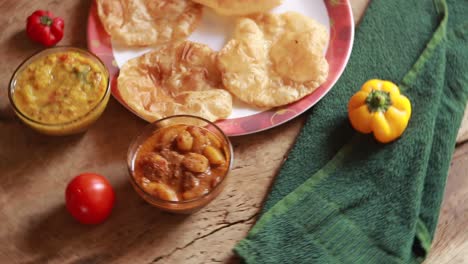 rotation chole bhature or chick pea curry and fried puri served in terracotta crockery over wood background