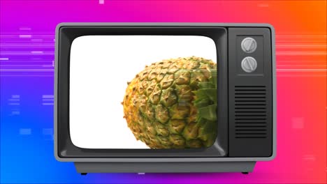 tv retro que muestra piña en la pantalla. hay un fondo vintage con un cuadrado virtual chisporroteando