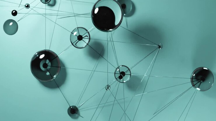 Animation of network of connections with spheres on gray background