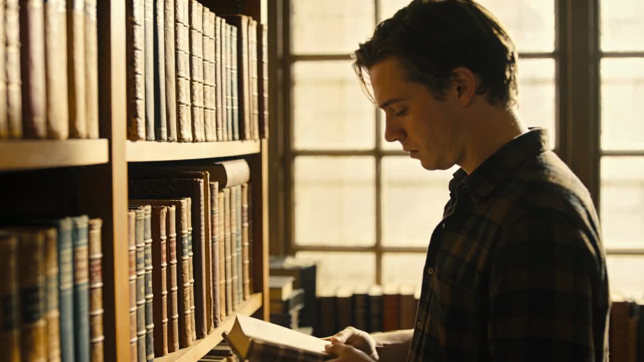 Spotting spine, man in plaid shirt pulling book from middle shelf in sunlit reading room, reading