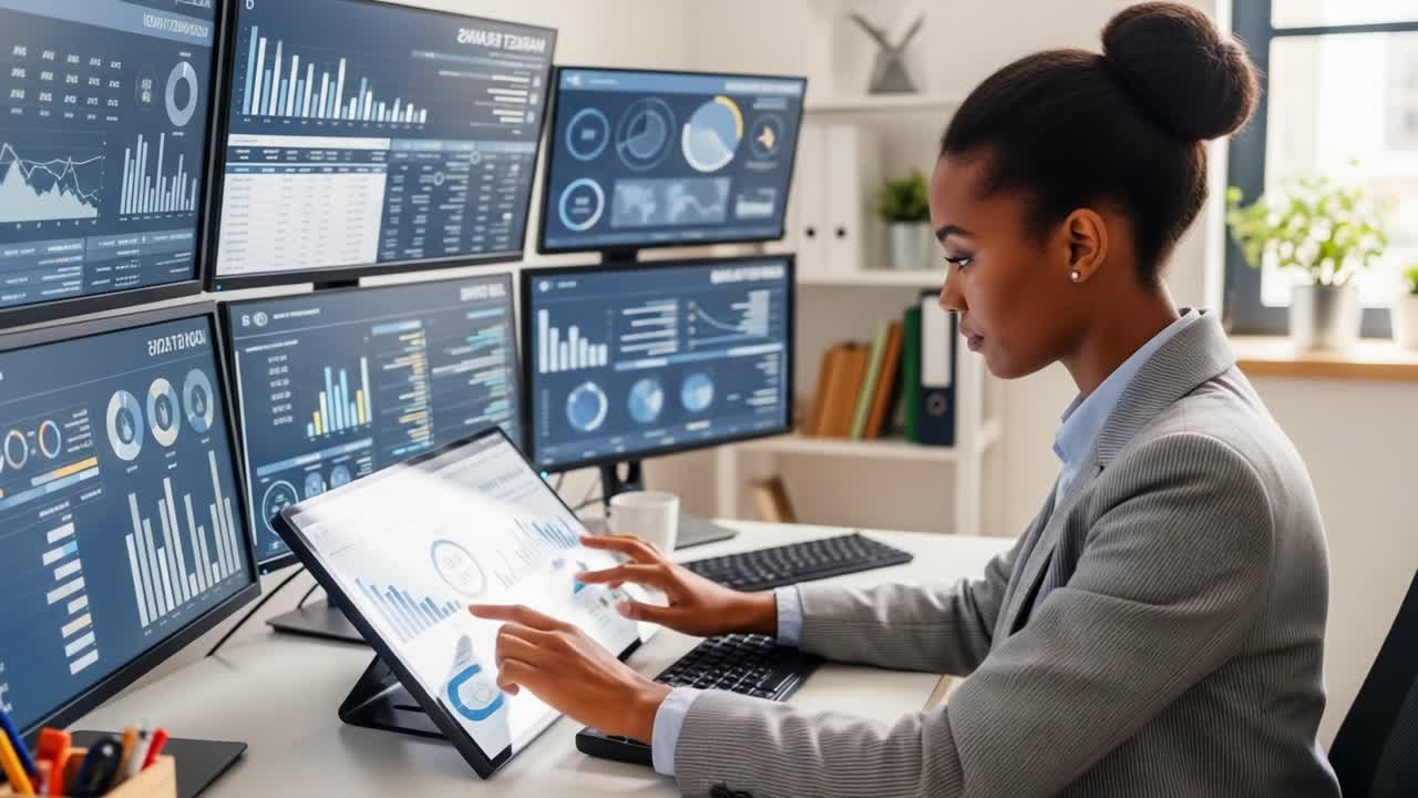 Focused Professional Analyzing Data Metrics on Multiple Screens in a Modern Office Environment, Utilizing Advanced Technology for Strategic Decision-Making