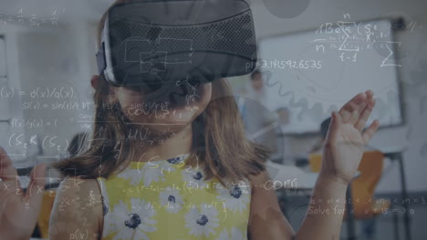 animación de ecuaciones matemáticas y engranajes sobre colegiala caucásica usando auriculares vr