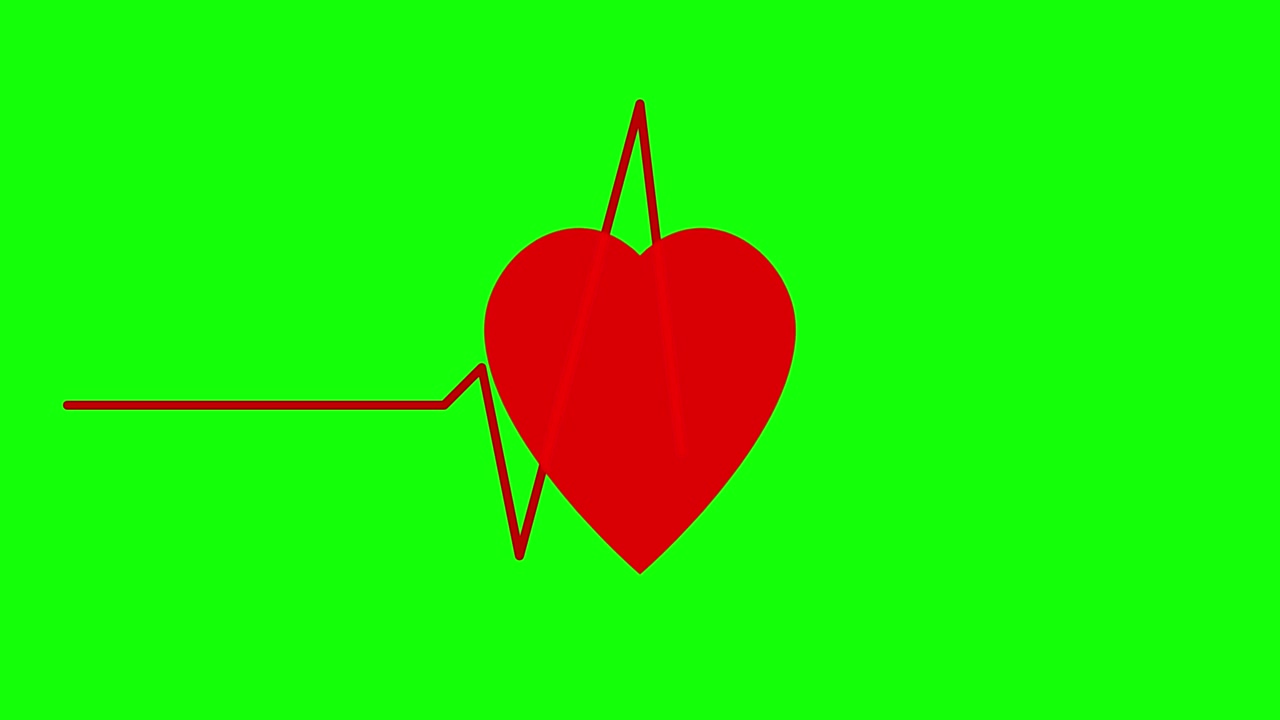 Rendering 3D di una linea di impulso cardiaco che attraversa un simbolo romantico su sfondo a schermo verde, creando un'animazione chroma key a tema medico-romantico per sovrapposizioni