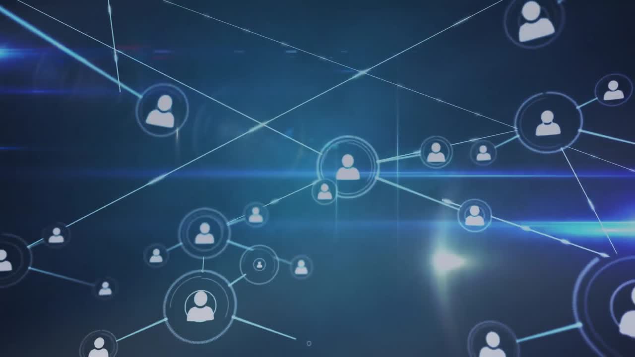 Digital animation of network of profile icons against blue background