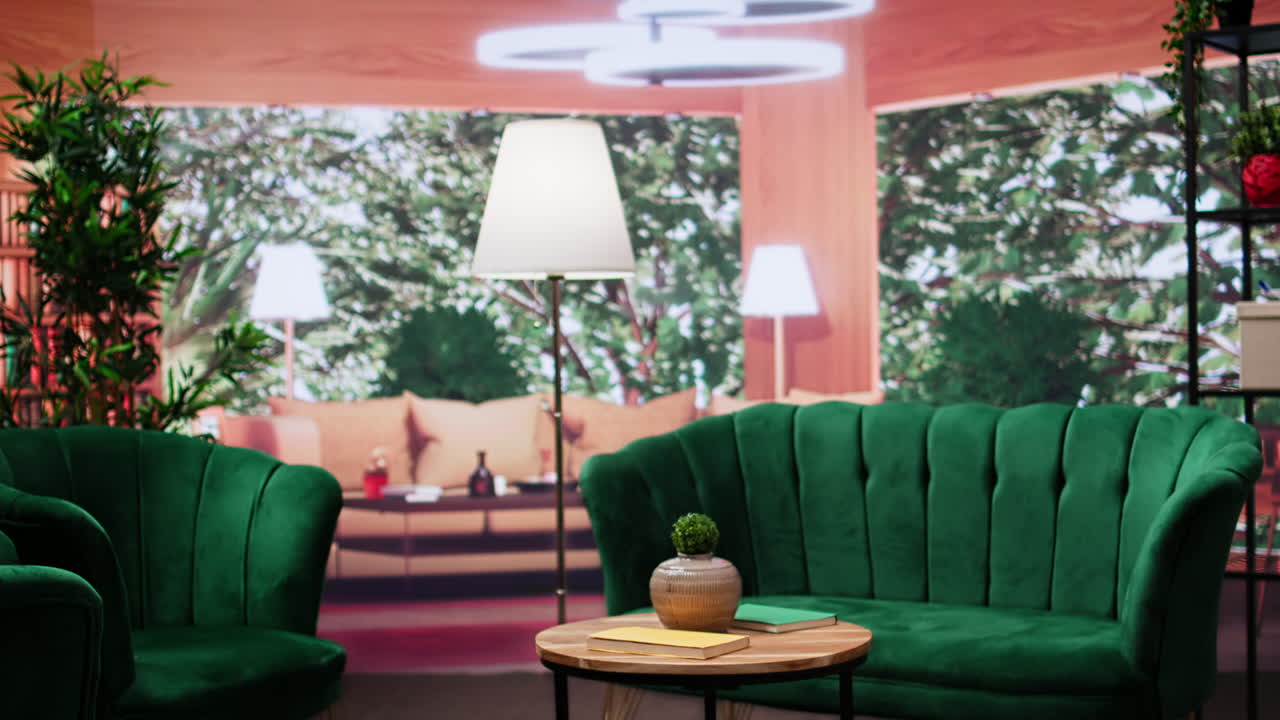 아한 녹색 가구와 라운지 지역에 있는 나무 테이블이 있는 우아한 빈 방