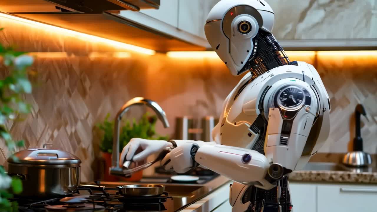 un robot de pie en una cocina al lado de un horno de estufa
