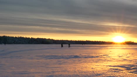 slider shot of people kick sledding, while others ice fish, on the frozen sea, at the gulf of bothnia, at sunset, on a sunny, winter evening, in ostrobothnia, finland