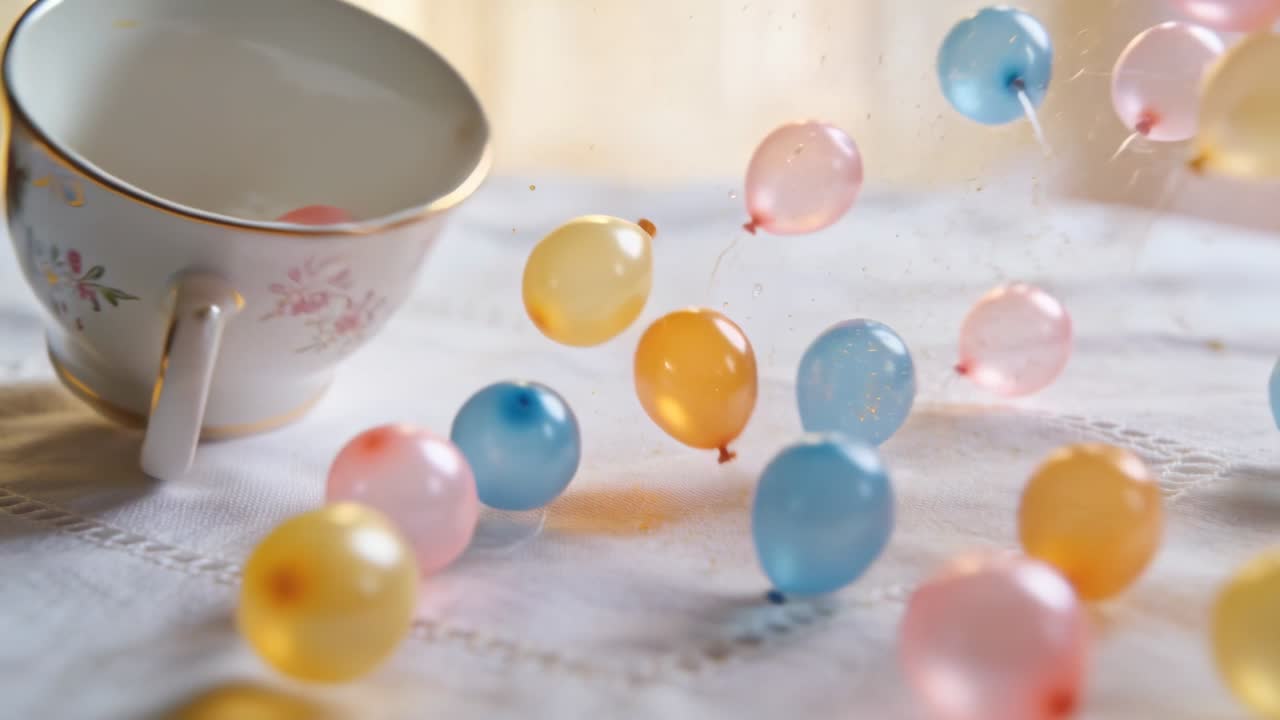 Tazza da tè floreale che si sposta, facendo cadere palloncini pastello su una tovaglia di pizzo, a causa di piccole correnti d'aria.