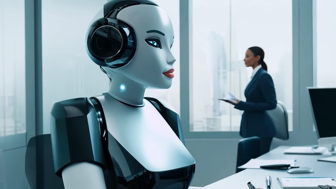 un robot femenino sentado en un escritorio en una oficina, trabajando en una computadora