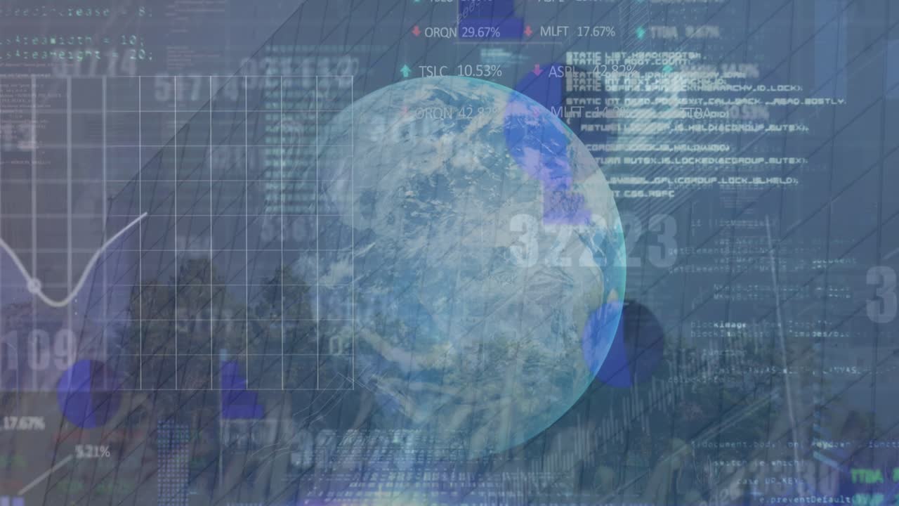 Animation of financial data processing with globe over cityscape