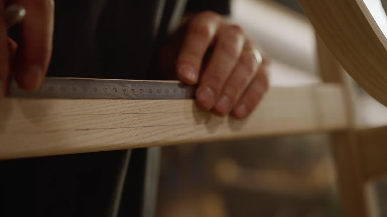 Close-up of a craftsman using a metal ruler to measure a wooden beam with precision, capturing the detail, focus, and craftsmanship involved in handmade furniture design and woodworking