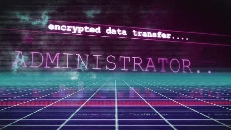 Pavimento a griglia al neon che si estende in lontananza, linee di glitch che scansionano su un banner di trasferimento dati crittografato