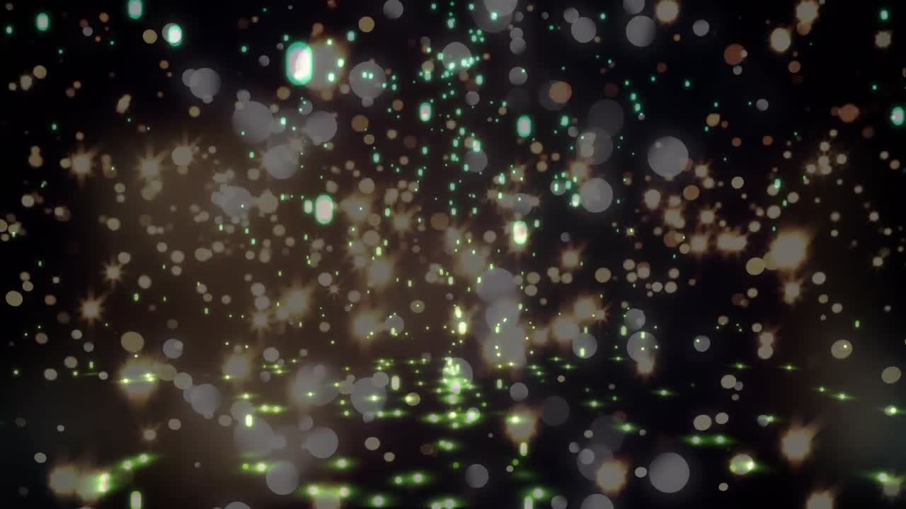 animación de partículas de brillo digital y destellos de lente que se mueven en bucle sin costuras sobre un fondo negro