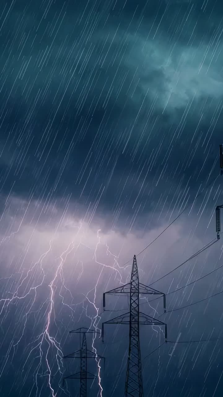 Vídeo vertical: nubes de tormenta cargadas generando relámpagos sobre torres de celosía y líneas al atardecer