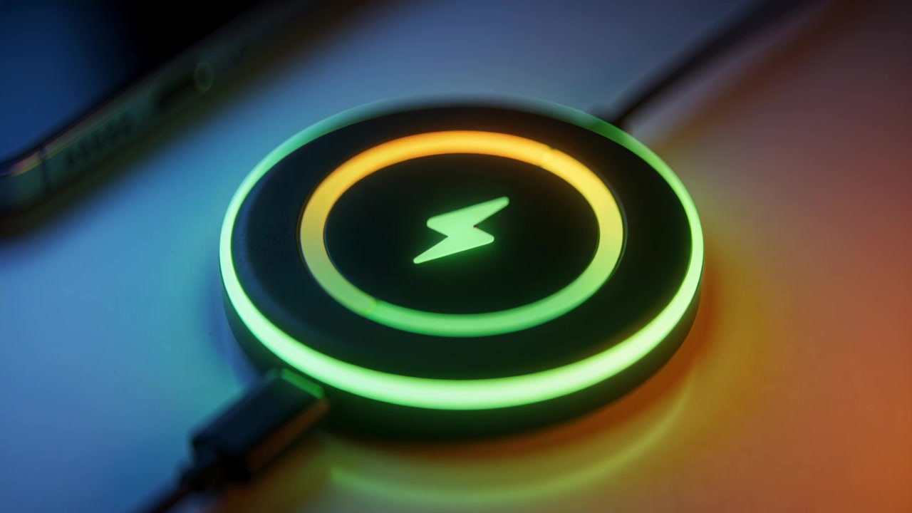 Powering round wireless charging pad with USB cable inner orange segment moving on desk phone edge