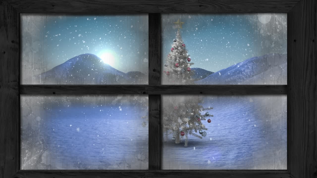 Animation of window view of christmas tree and winter landscape