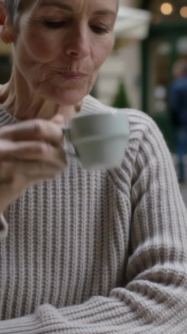 Video verticale: Donna anziana con maglione che sorseggia, sollevando una tazza bianca dopo una pausa al caffè, bevendo tè