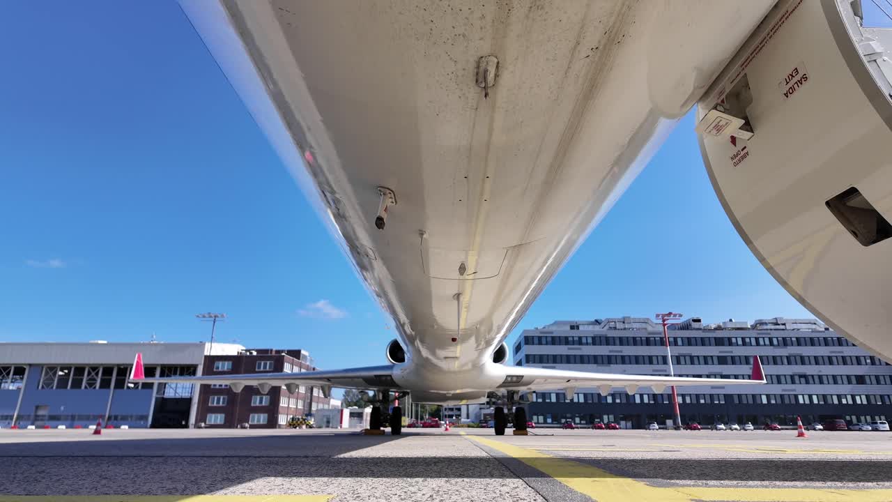 External view of the lower part of the fuselage of a dirty white color fuselage jet from the nose to thre rear part, tilting down, with some buildings at the back. 4K