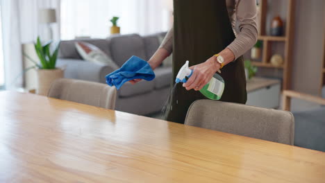 woman cleaning a wooden table with a spray bottle and a cloth