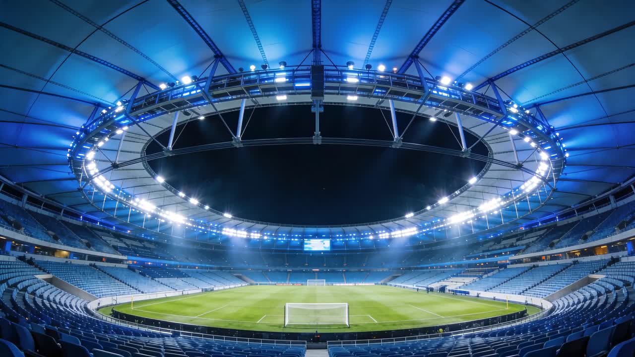 Telecamera di registrazione che si inclina verso l'alto in uno stadio coperto, rivelando l'anello e la porta durante un test delle luci