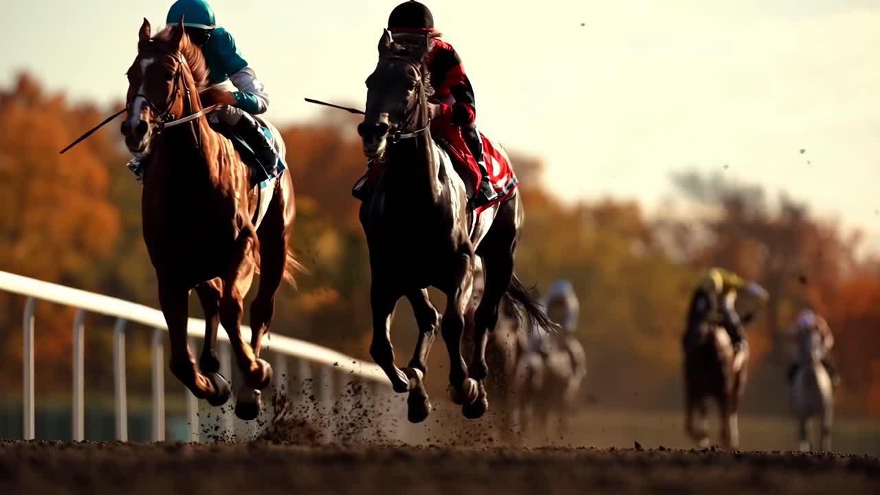 Video dinamico con inquadratura dal basso di una corsa di cavalli, che cattura velocità e intensità su una pista di terra battuta.