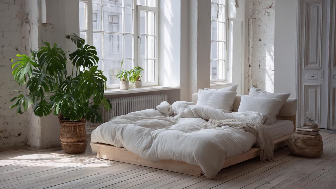 Bright and Airy Bedroom with Natural Light: A Cozy Setting Featuring a Minimalist Bed, Plush Bedding, and Lush Green Houseplants in a Serene Environment
