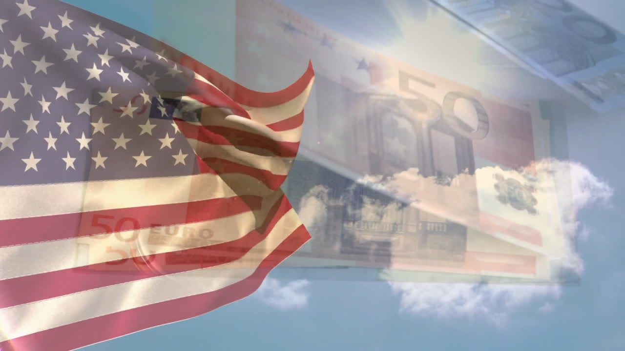 Waving American flag over fifty euro banknotes against bright sky background