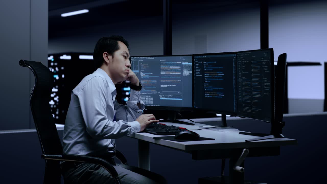 Programmer Working Late in a Server Room