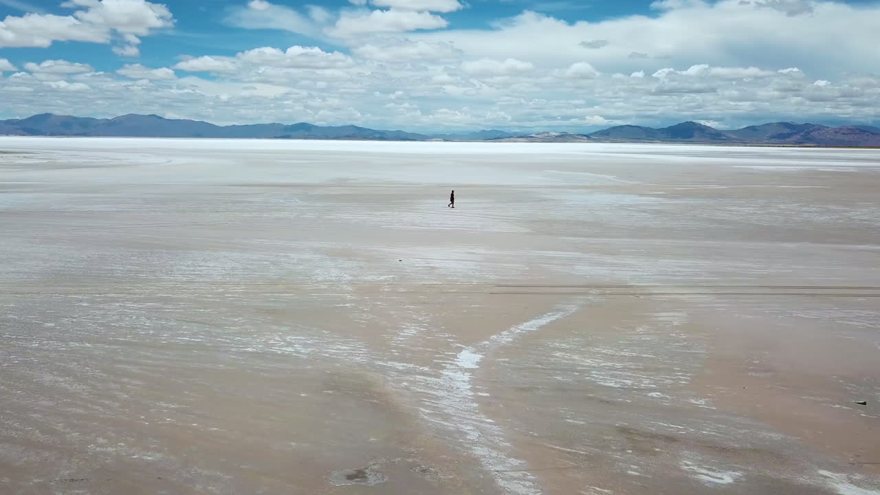 Drone Aerial View of Lonely Female Walking in Endless White Salt Flat. Salinas Grandes, Salta, Argentina