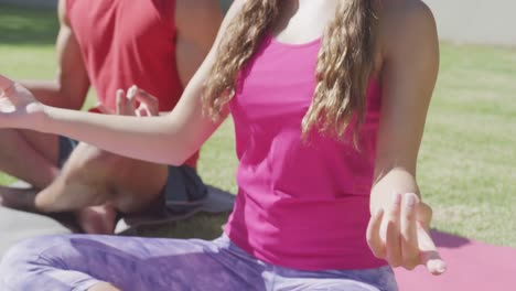 focused biracial couple practicing yoga and meditating in garden on sunny day