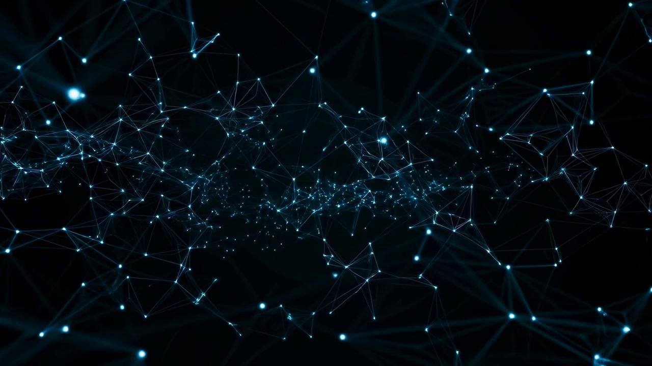 Blå nettverksnoder kobler seg sammen mot en mørk bakgrunn, dataingeniør overvåker skysikkerhet, pulserende punkter.
