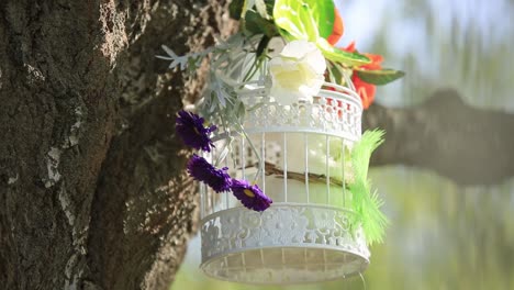 wedding decor, decor in the trees, flowers in cages