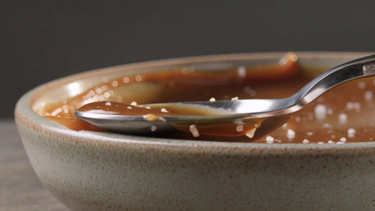 Touching sauce, metal spoon dragging caramel across small bowl, moving salt crystals to scoop sauce